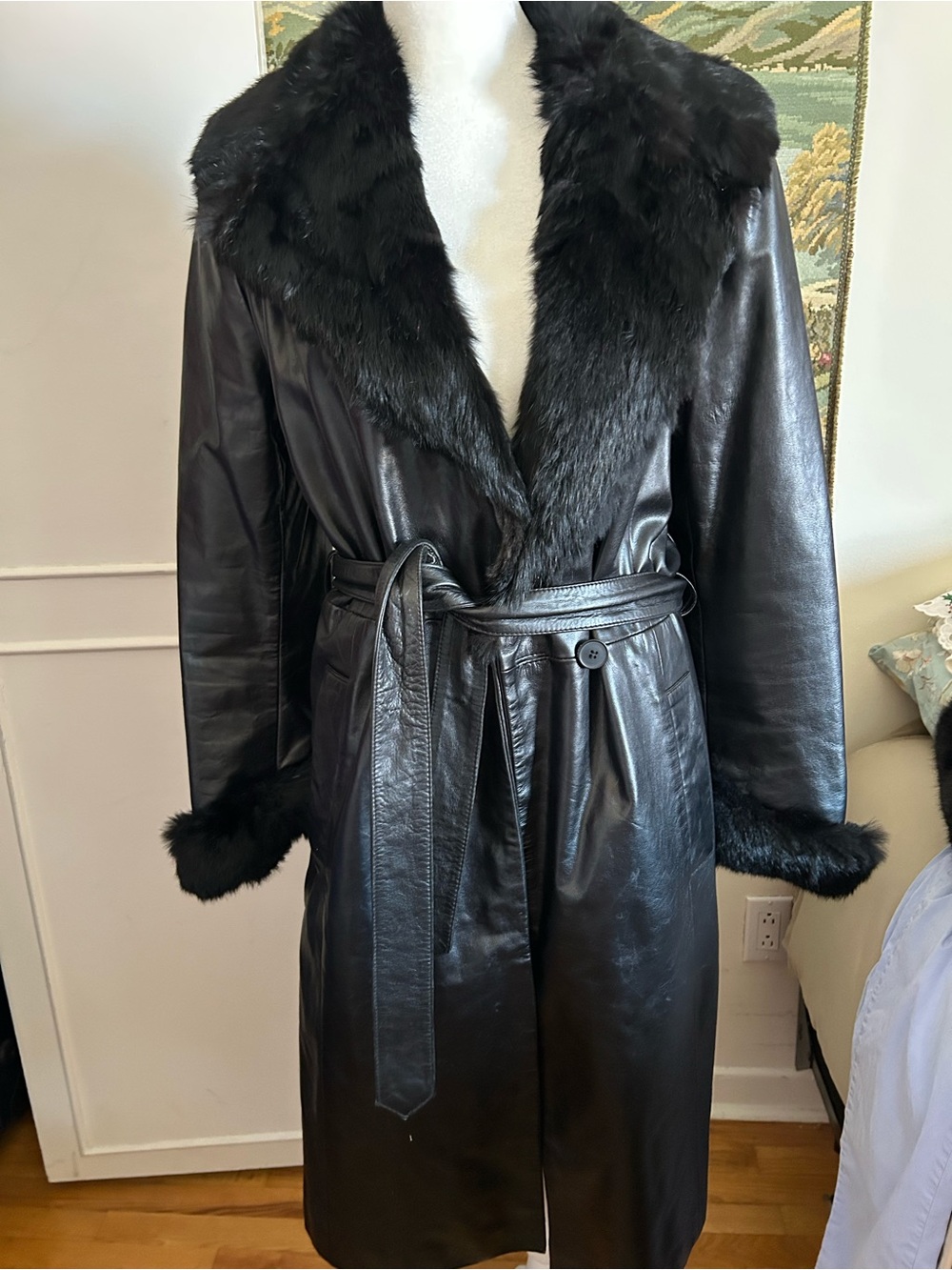Black Leather Trench Coat with Fur Trim and Belt